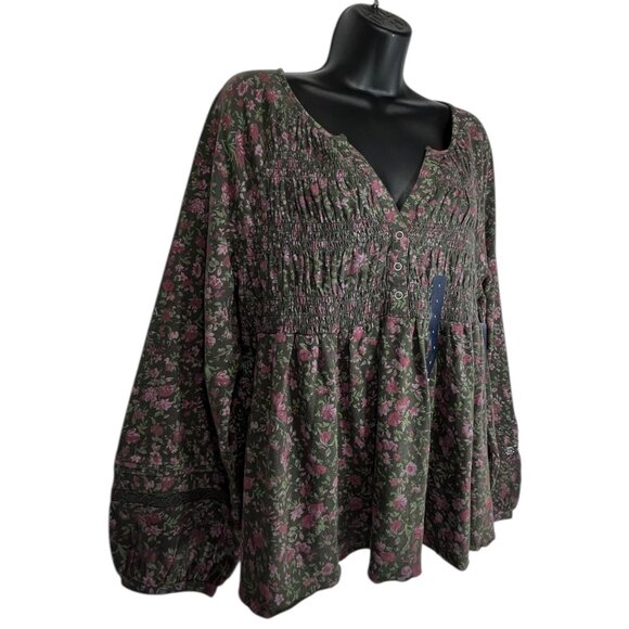 LUCKY BRAND Babydoll Top Sz L Black Pink Floral Textured Smock VNeck 100% Cotton - Picture 6 of 14